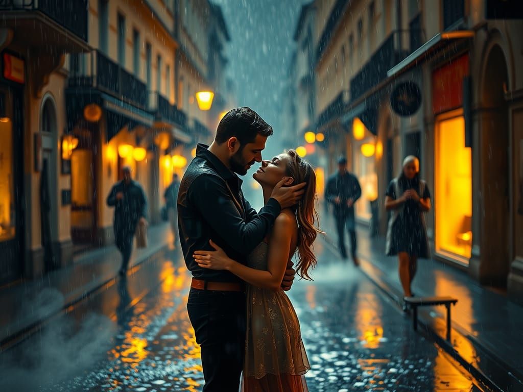 Romantic Couple's Kiss in Torrential Rain