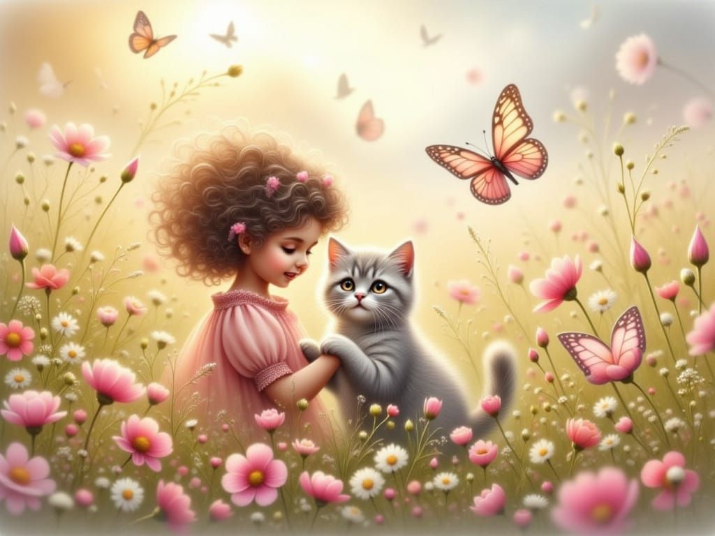Whimsical Girl and Kitty in a Springtime Field