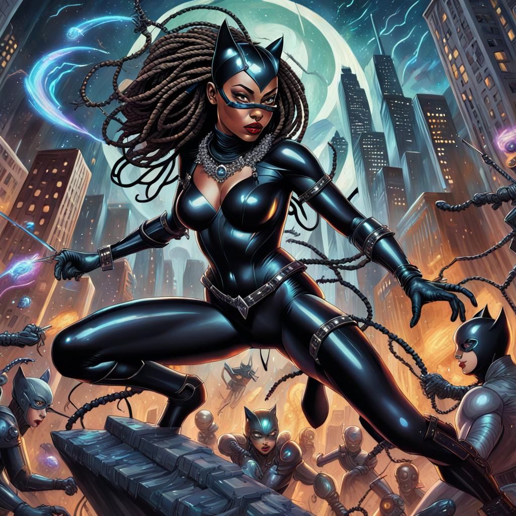 Catwoman's Epic Gotham Battle: An Oil Painting