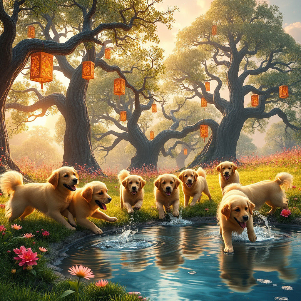 Golden Retrievers Play in Sunny Meadow: Fantasy Concept Art