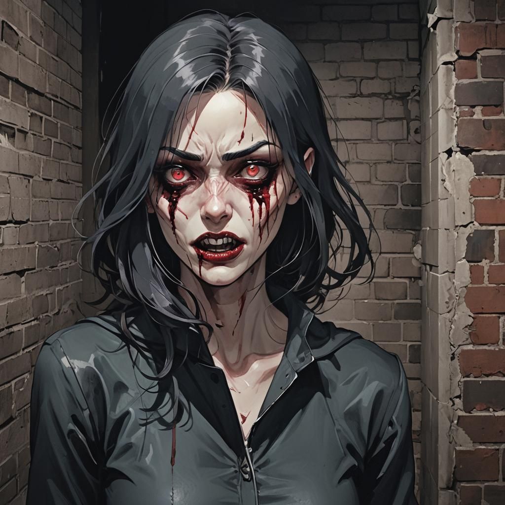 Vaggie's Obsessive Gaze in Dark Alleyway, Graphic Style