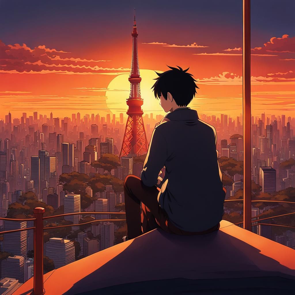 Anime Boy Gazing at Tokyo Sunset