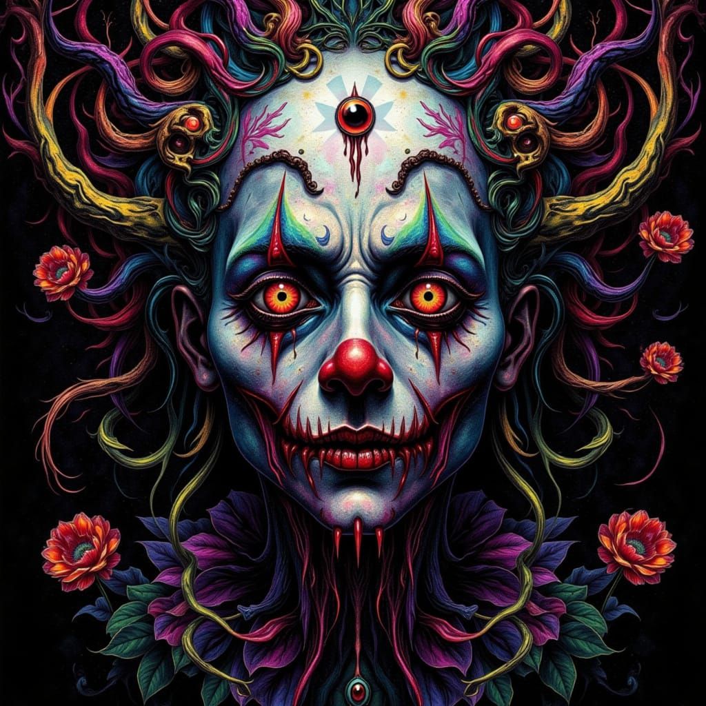 Evil Clown in Dark Abstract Horror Style