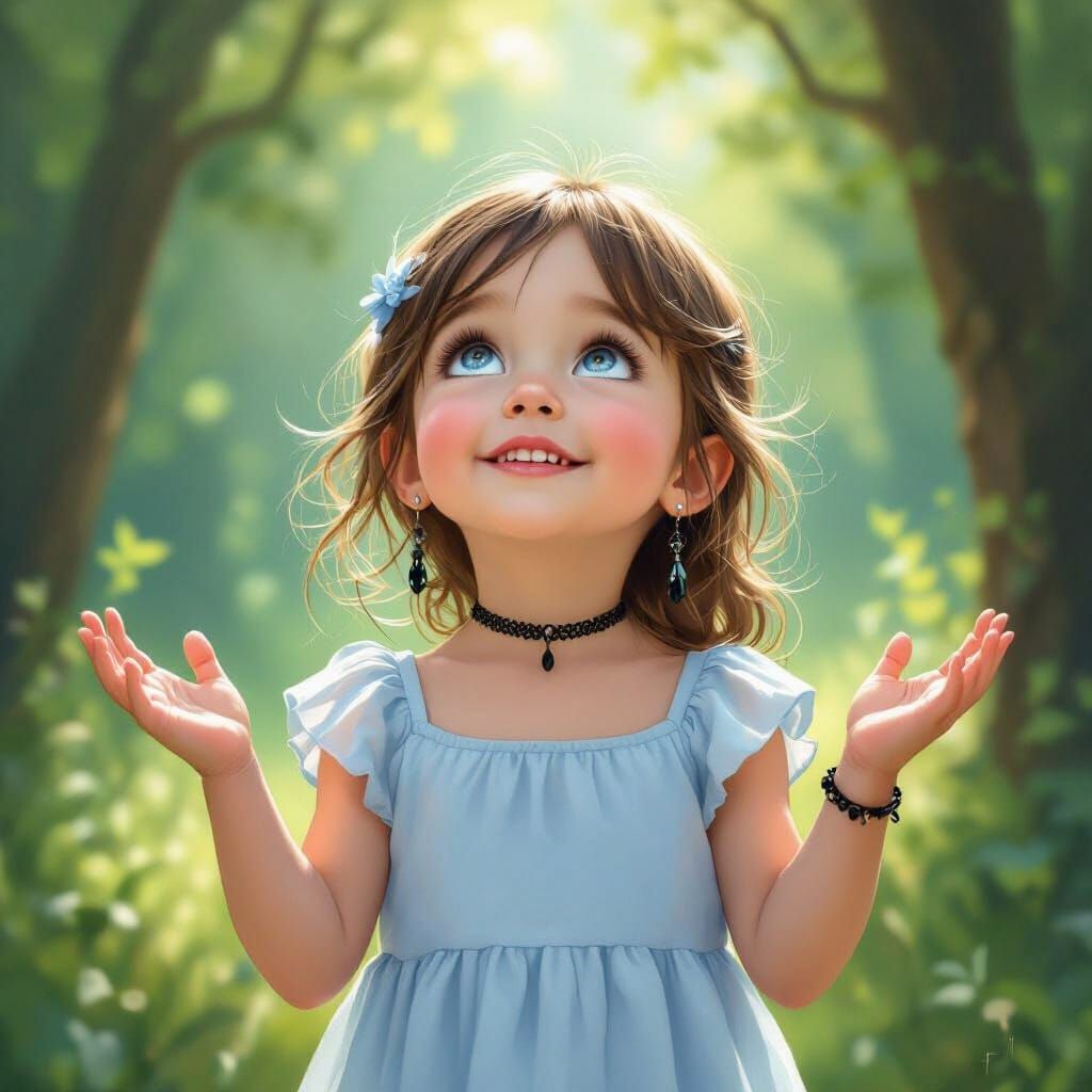 Joyful Girl in Sunlit Forest Clearing