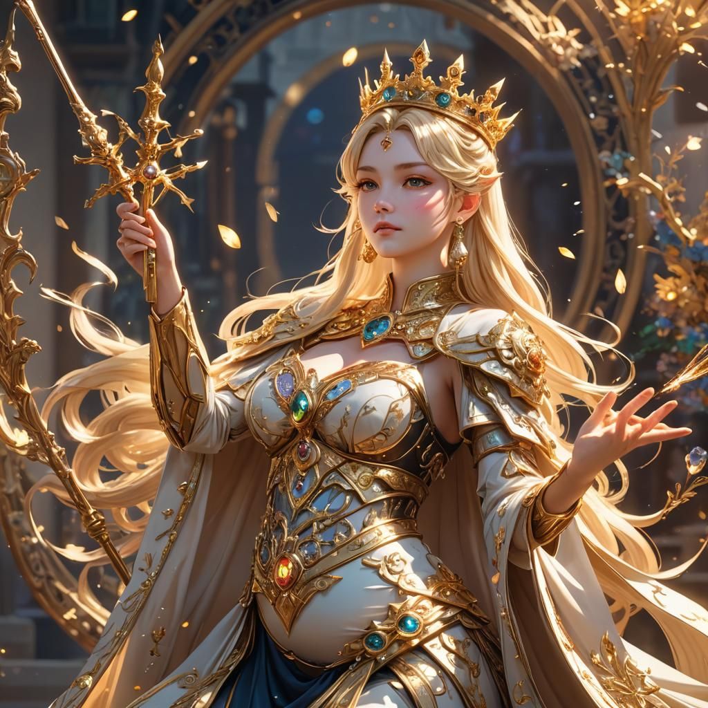 Anime-Inspired 3D Art: Pregnant Empress with Scepter