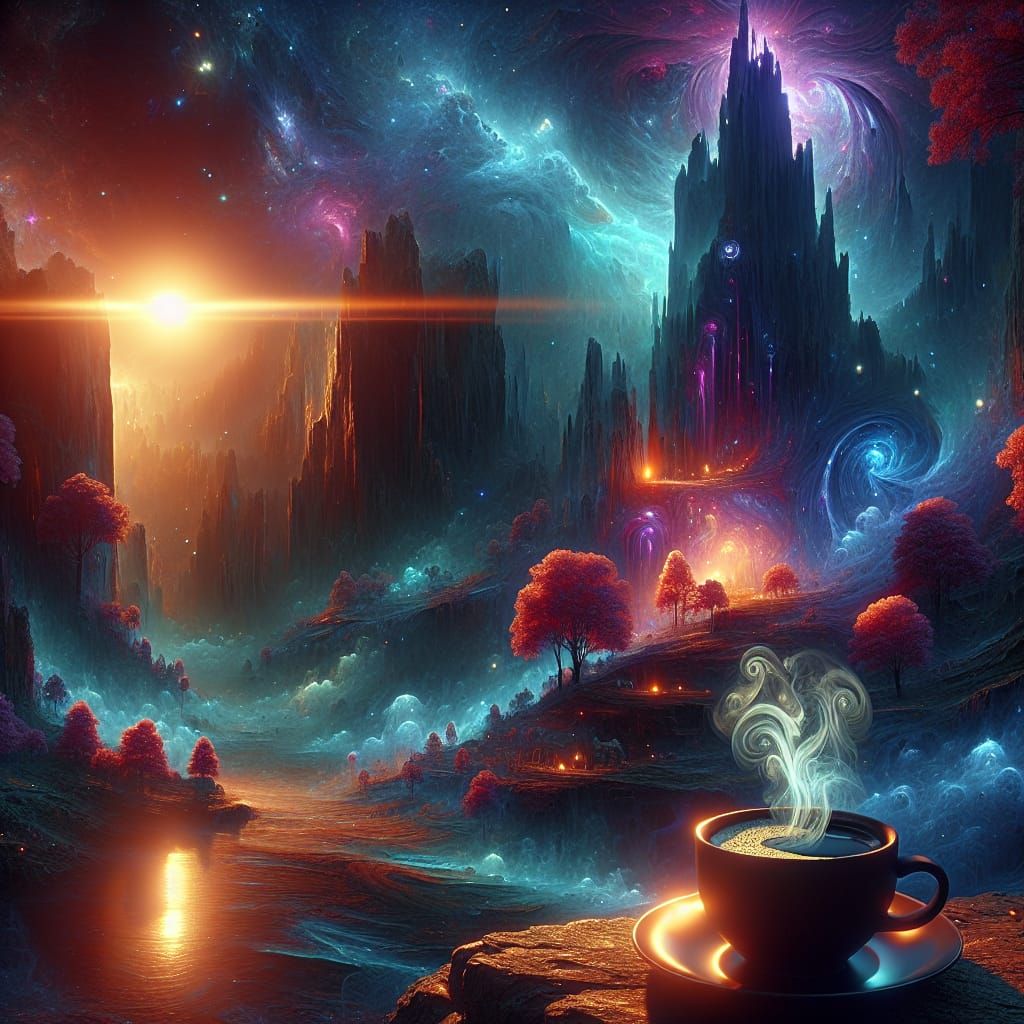 Mystic Coffee Brew at Dawn in Magical World