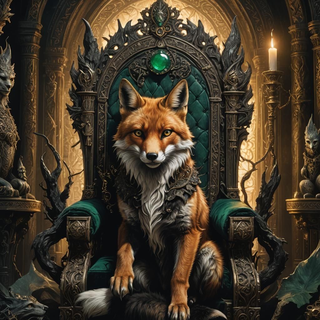 Fox on Throne in Dark Fantasy Style