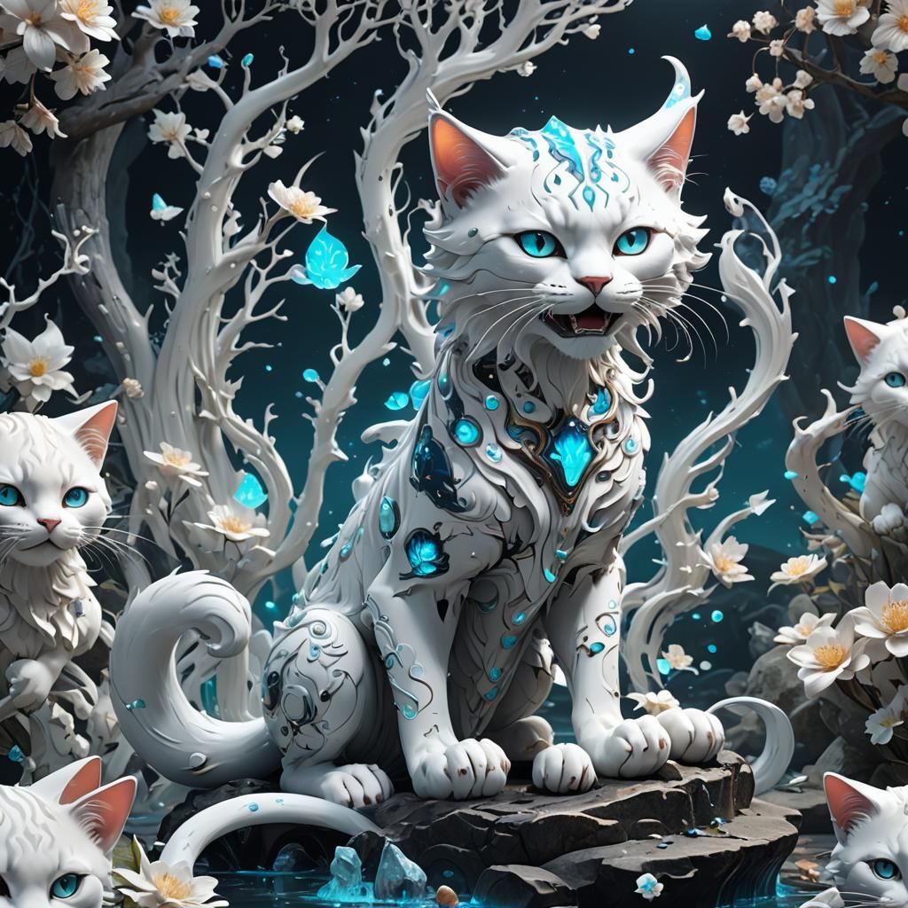 Bioluminescent Porcelain Nekomata Fantasy Art