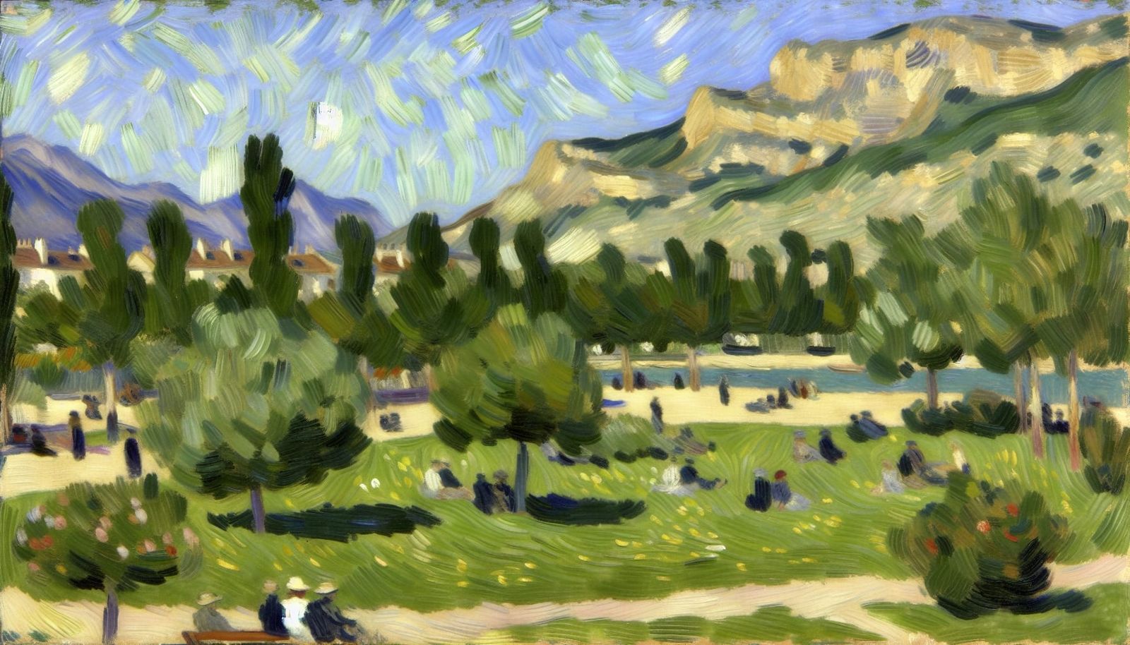 Impressionist Park Scene in Mountains: Oil on Canvas