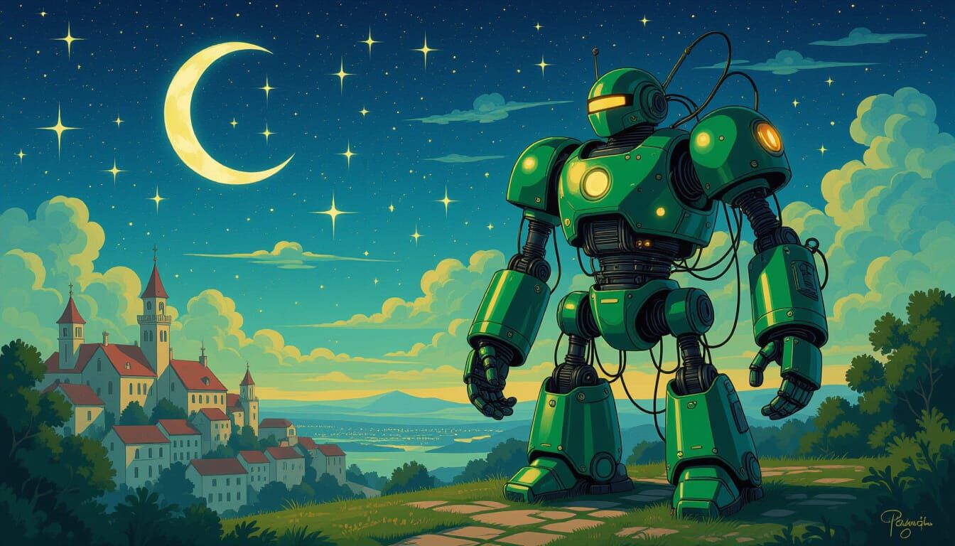 Sci-Fi Robot in Fairyland Under Starry Night