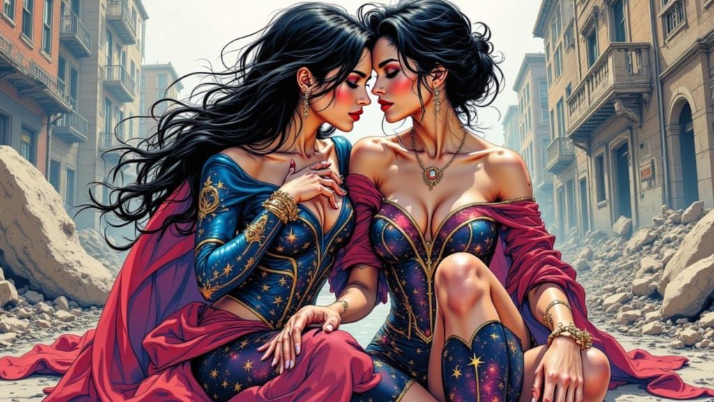 Infinite Woman Comforts Youth in War-Torn City