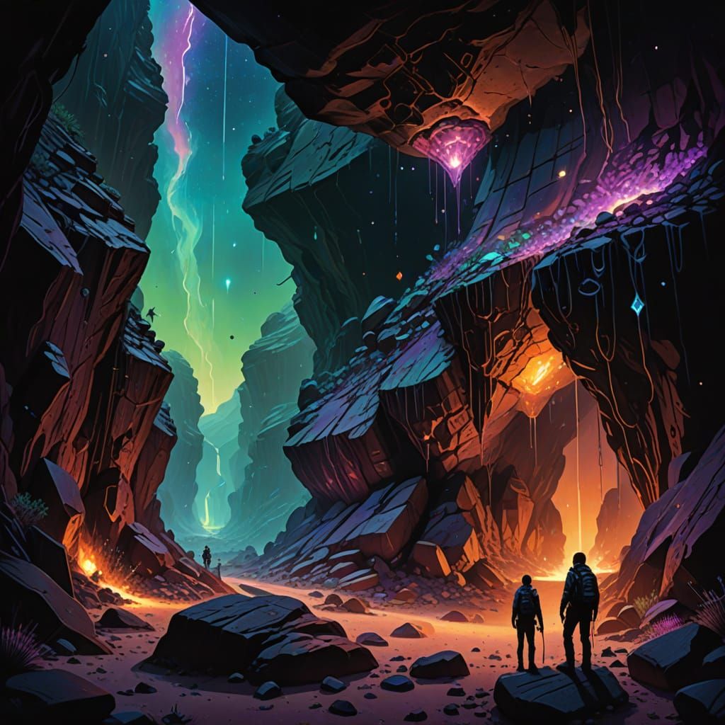 Alien Cave in Desert Under Cosmic Aurora