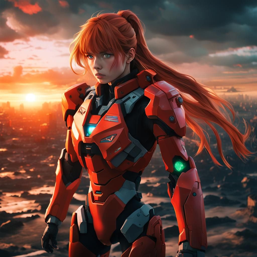 Asuka Langley in Epic War Scene, Photographic Style