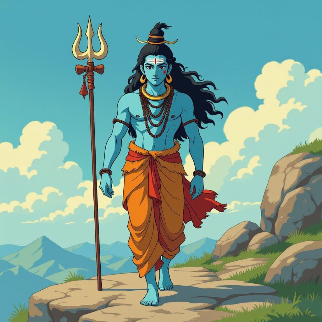 Lord Shiva Walking, Ghibli-Style Meditative Scene