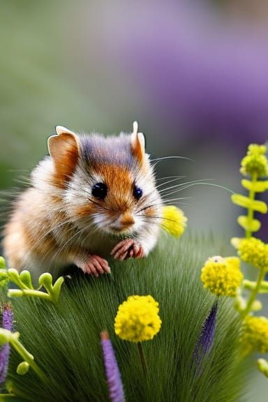 A cute little Dormouse smelling the flowers.