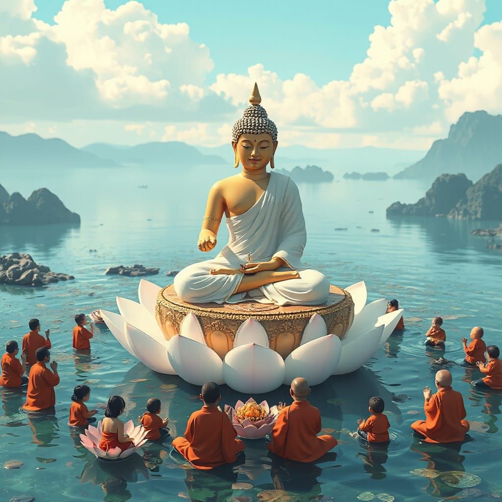 Buddha and Monks in South China Sea, Disney Pixar Style