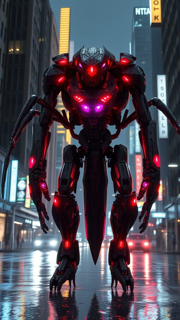 Cybernetic Mantis Mecha in Futuristic Cityscape