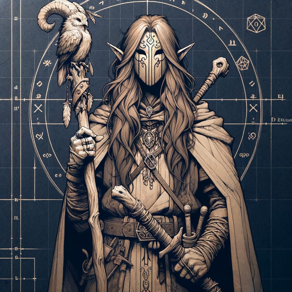 Realistic Fantasy Druid Elf in Dark Hand-Drawn Sketchbook St...