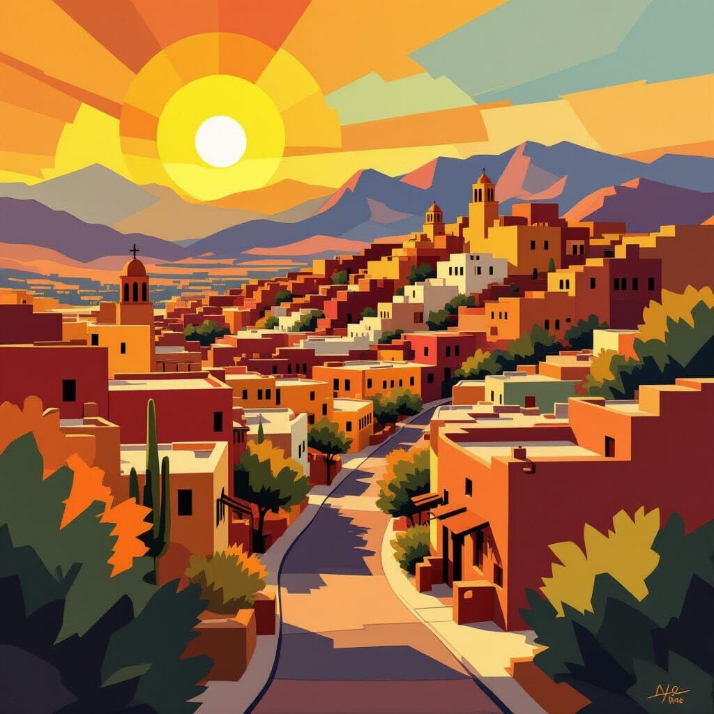 Vibrant Cubist Painting of Santa Fe, New Mexico