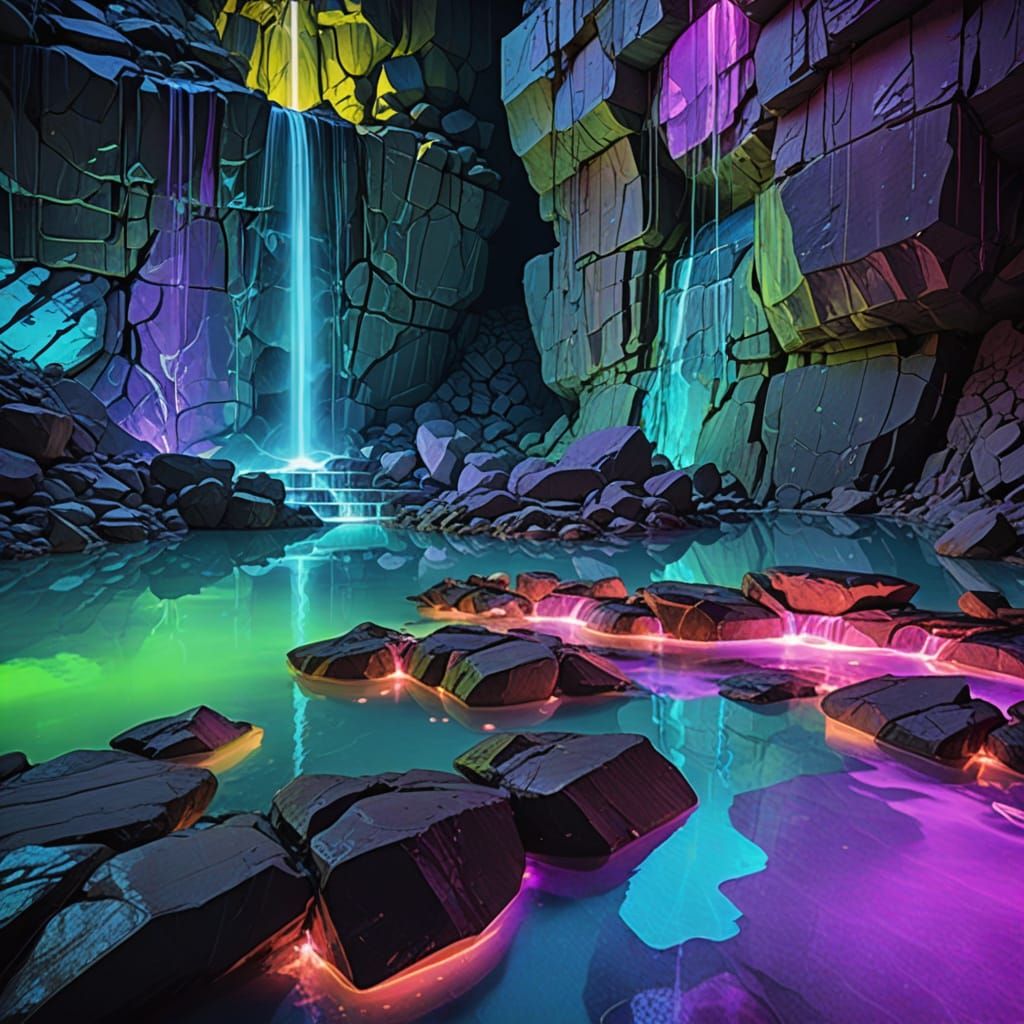 Futuristic Rock Face Oasis in Neon-Lit Abstraction