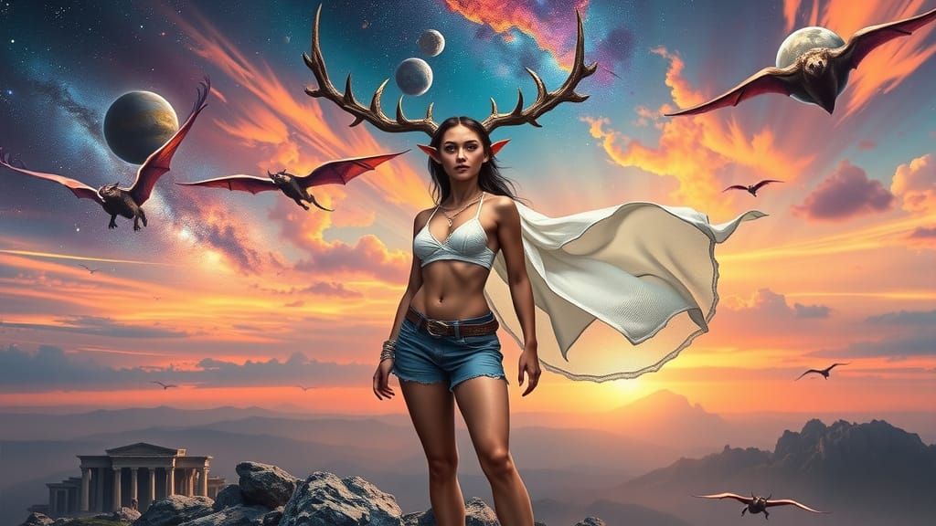 Tiefling Maiden Victorious on Mountain Top Amidst Nebulae