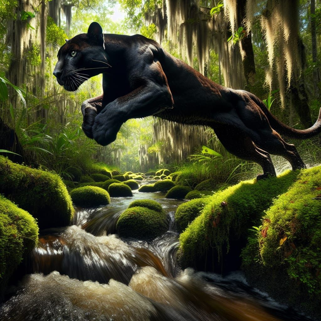 Florida Panther Leaping in Everglades: High-Resolution Image