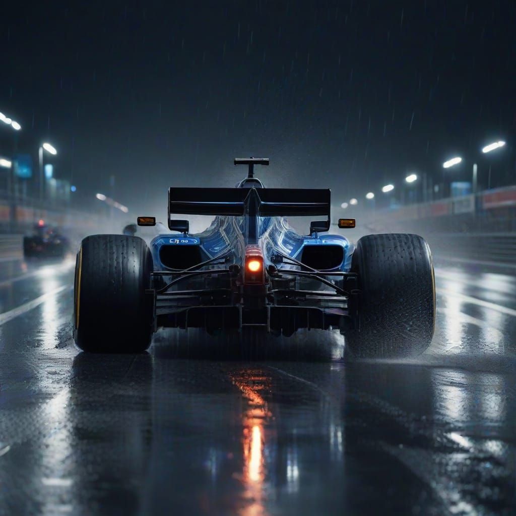 Formula 1 Car at Night in Rain With Light Trails