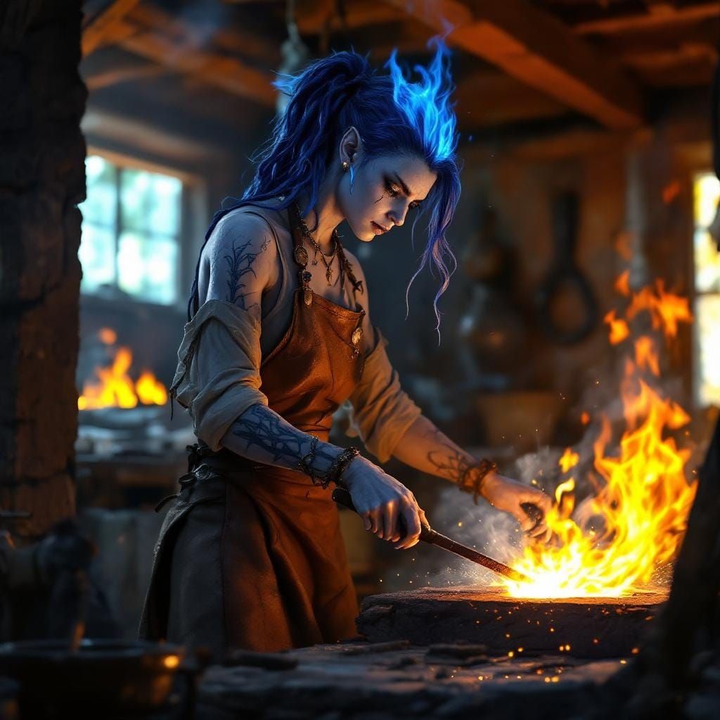 Fire Genasi in Rustic Forge, Digital Illustration