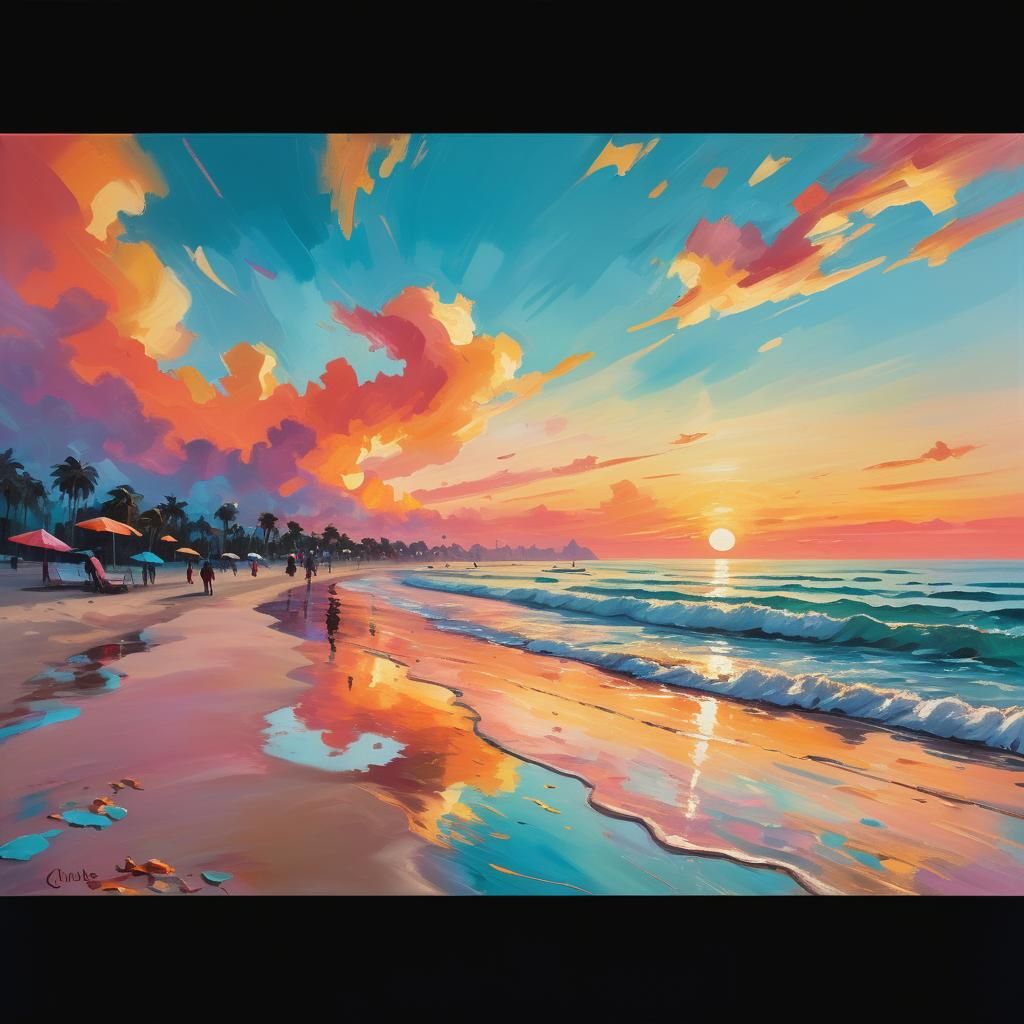 Impressionist Sunset Beach in Warm Golden Light
