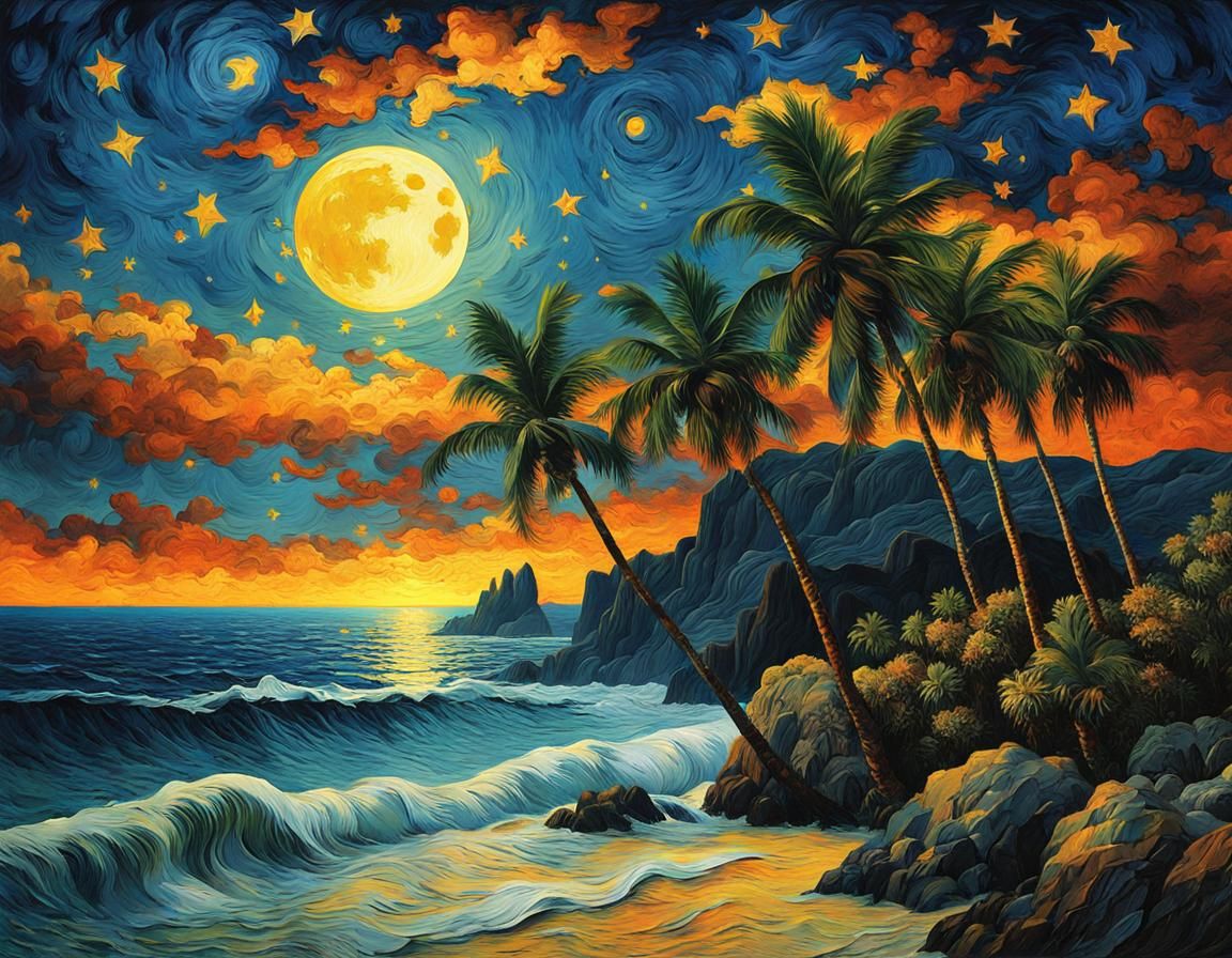 Gothic Island Starry Night in Expressionist Style