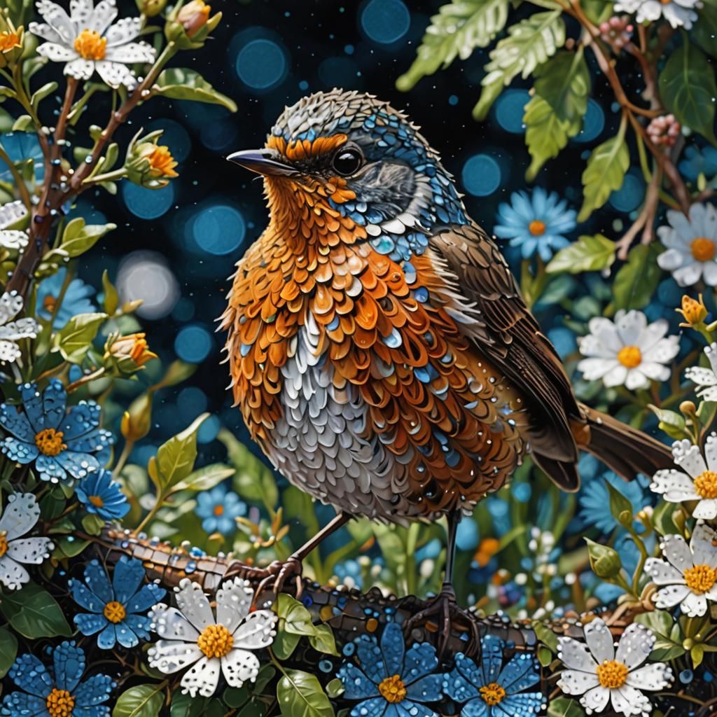 Radiant Robin in Pointillist Mosaic Style