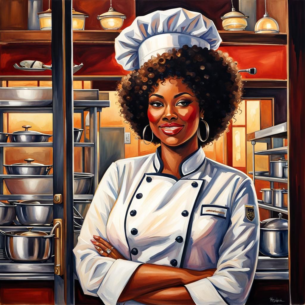 Curvy African American Chef Outside Restaurant, Acrylic Styl...