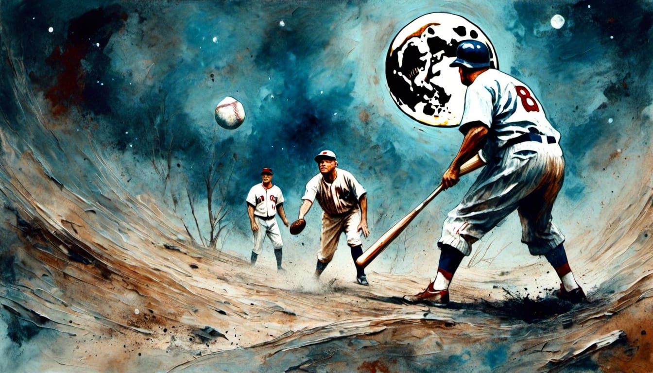 Babe Ruth Plays Baseball on Moon, Gouache Impressionism