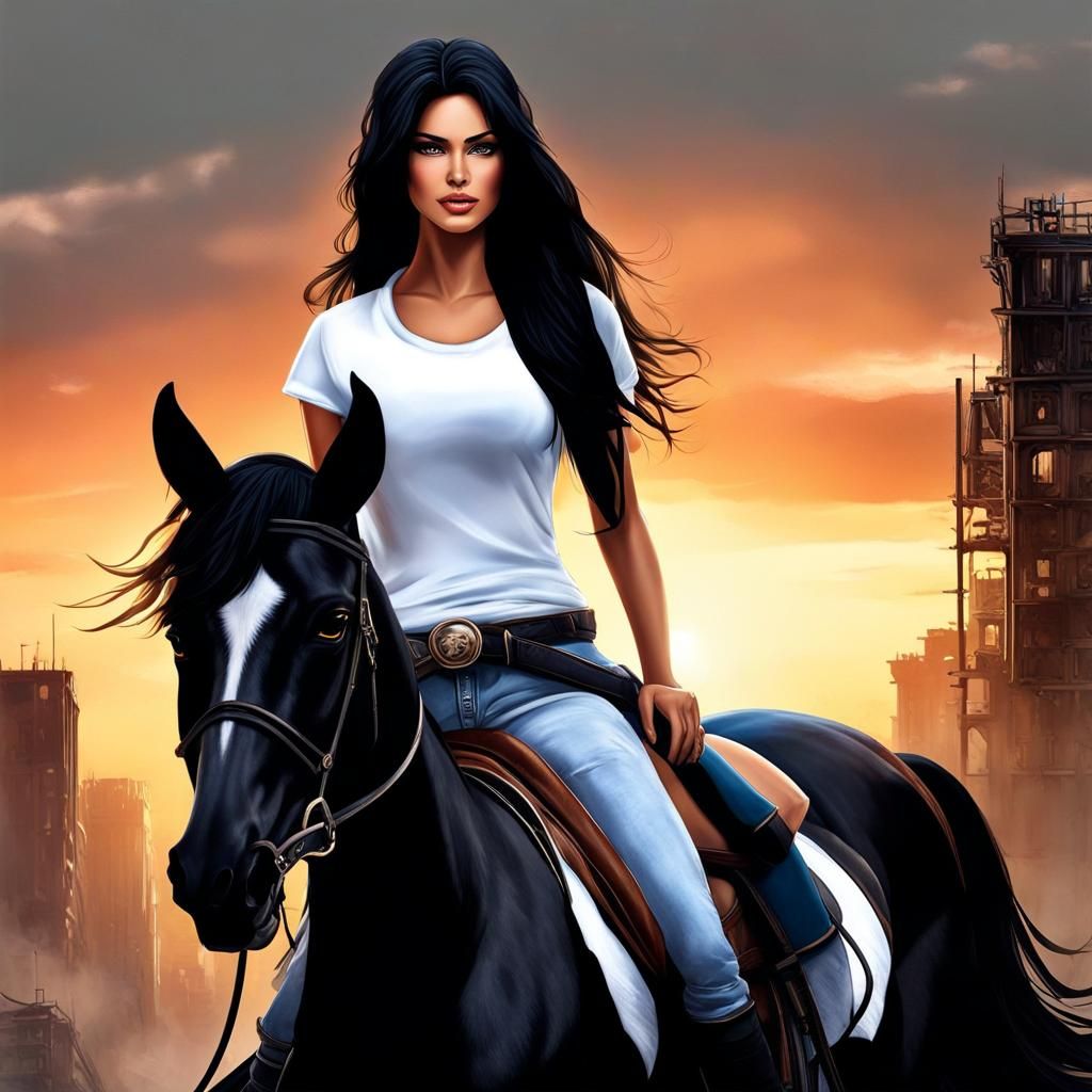 Post-Apocalyptic Rider on Horse in Ruined City