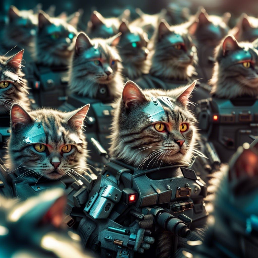 Hyperrealistic Cyborg Commando Cats with Laser Weapons