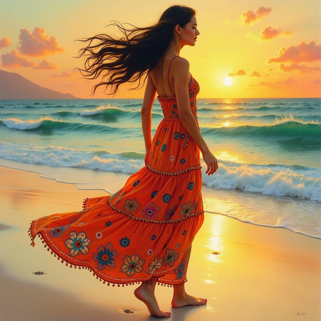 Mexican Woman on Beach in Impressionist Style