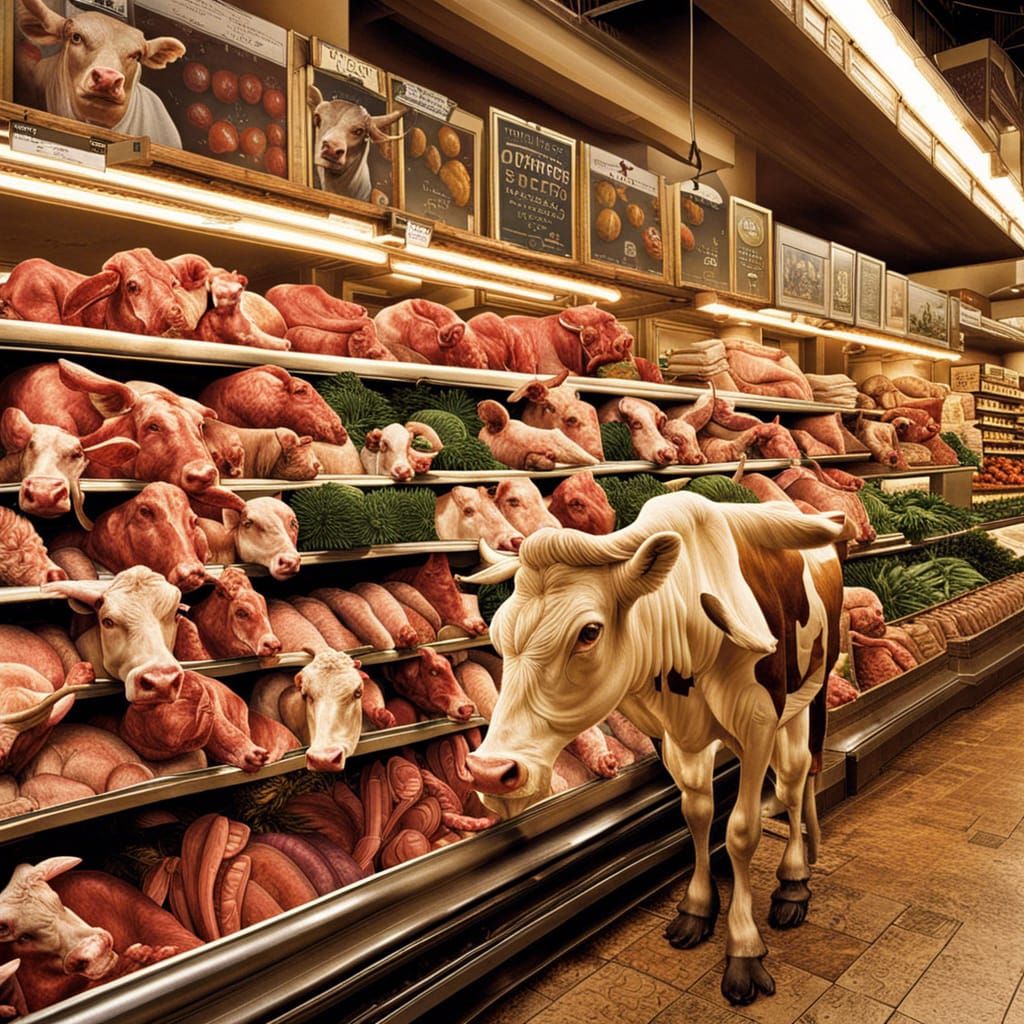 Anthropomorphic Cows Working as Grocers