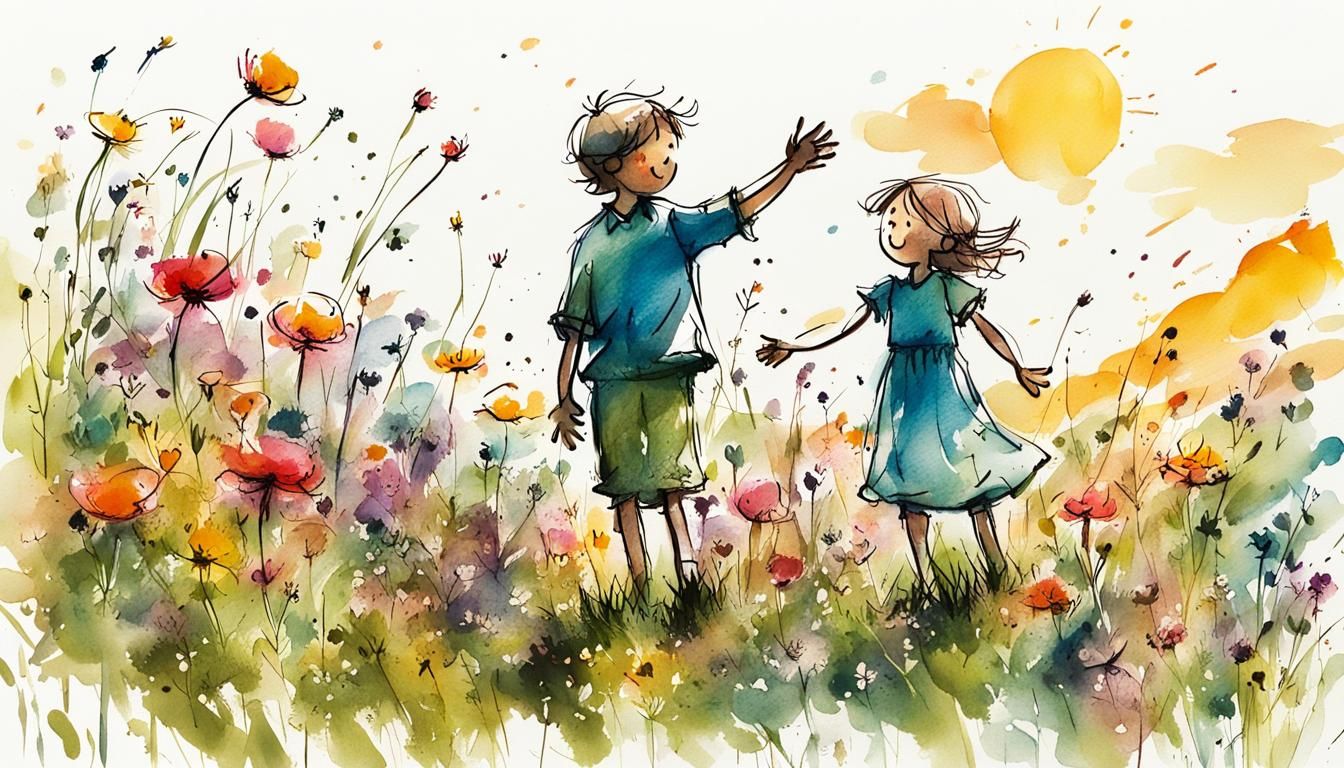 Children in Summer Meadow, Quentin Blake Style