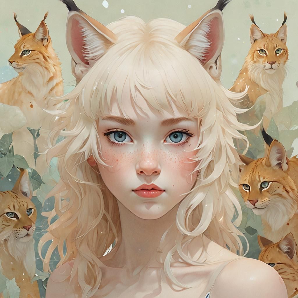 Lynx Portrait with Sparkling Eyes in Watercolor Style