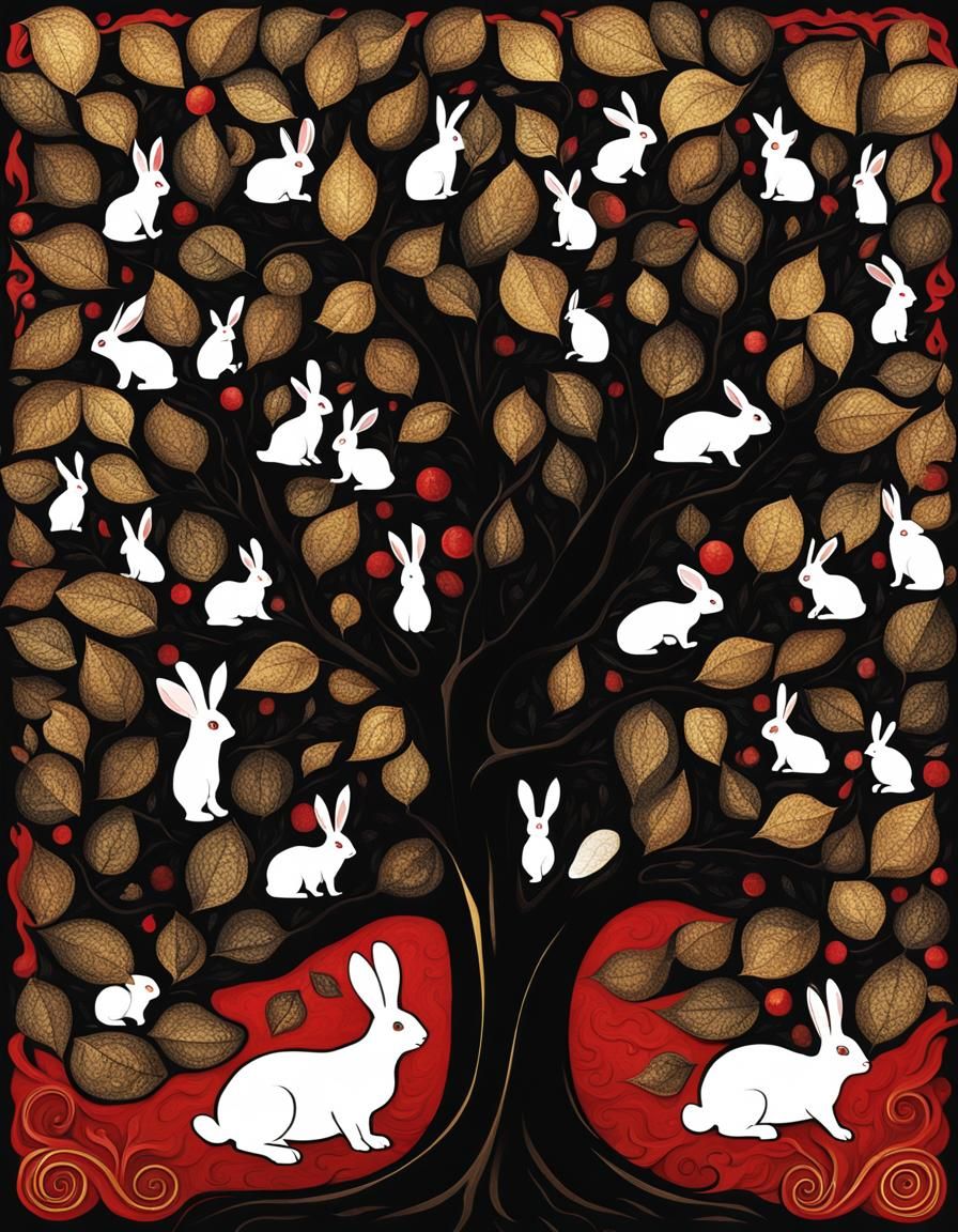 Art Nouveau Tree with Golden Leaves and Rabbits