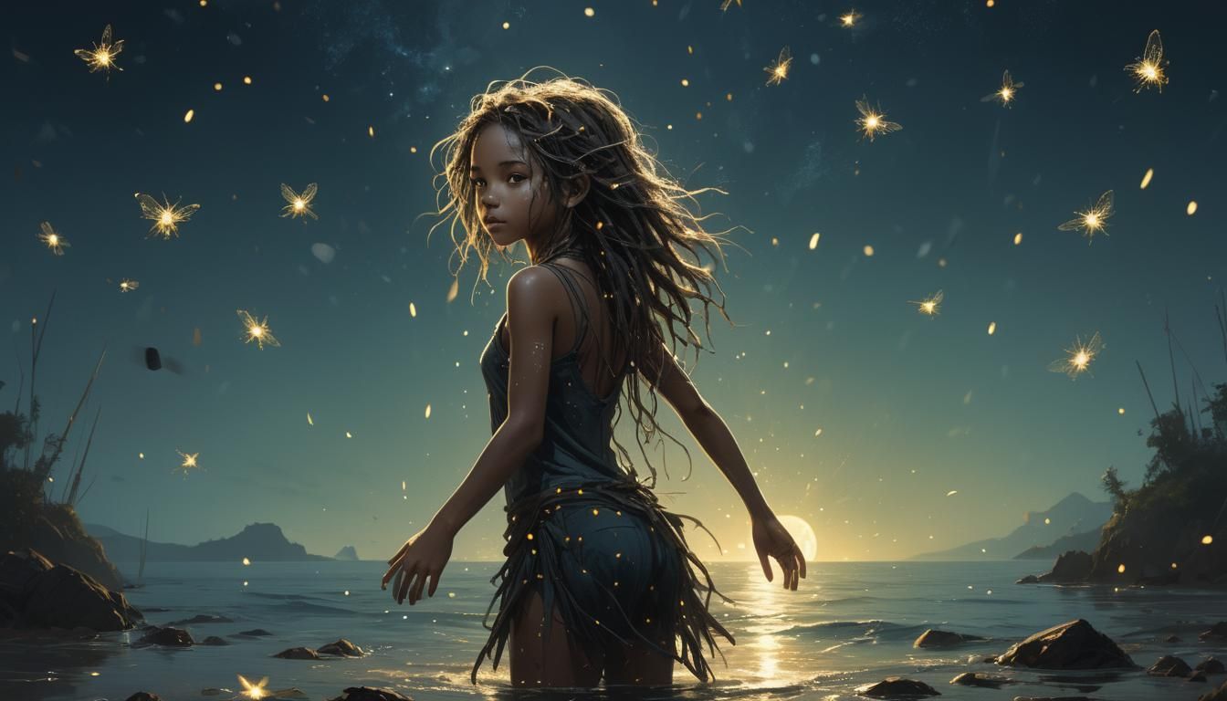 Grotesque Fireflies Surround Girl on Astral Beach