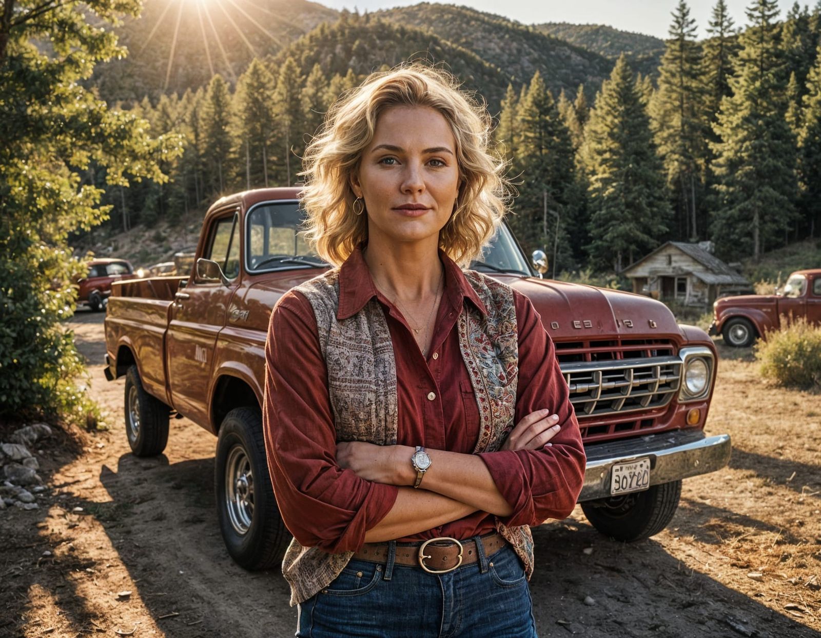 Woman Posing by Vintage Truck in Golden Light