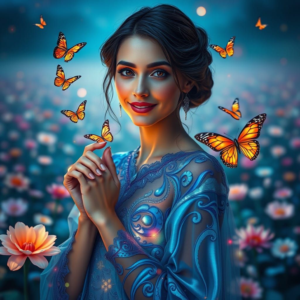 Ethereal Goddess in Iridescent Gown Amidst Enchanted Flowers