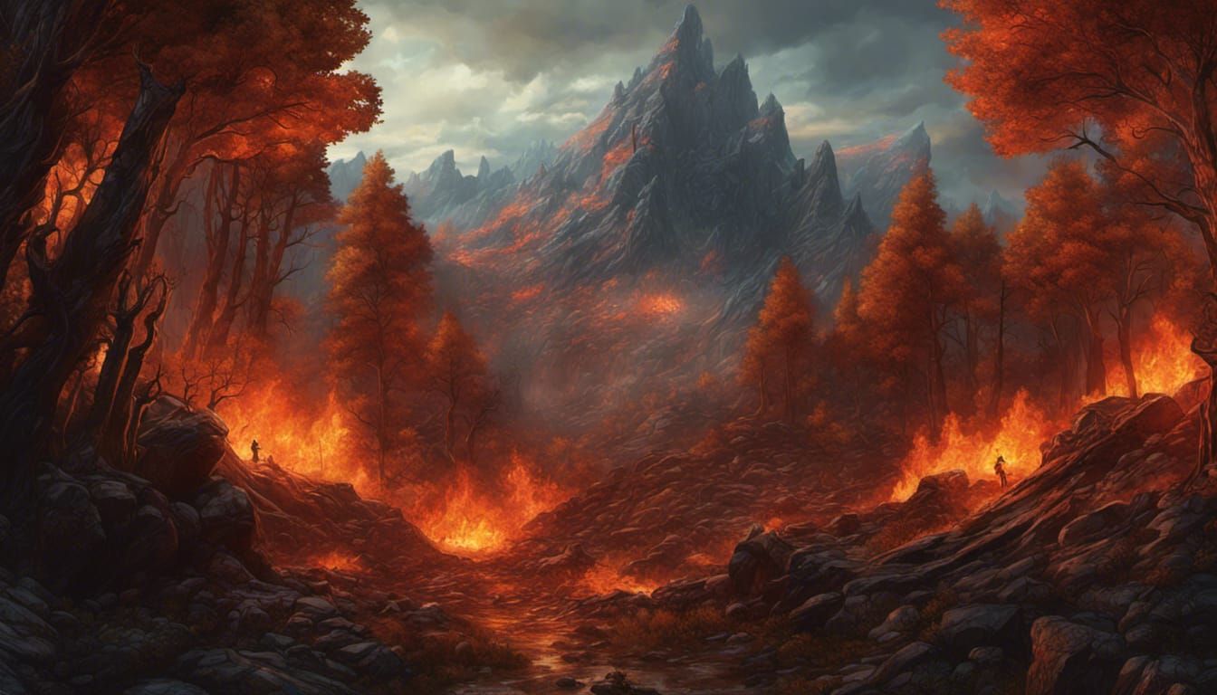 Apocalyptic Mountain Landscape in Stained Glass Style