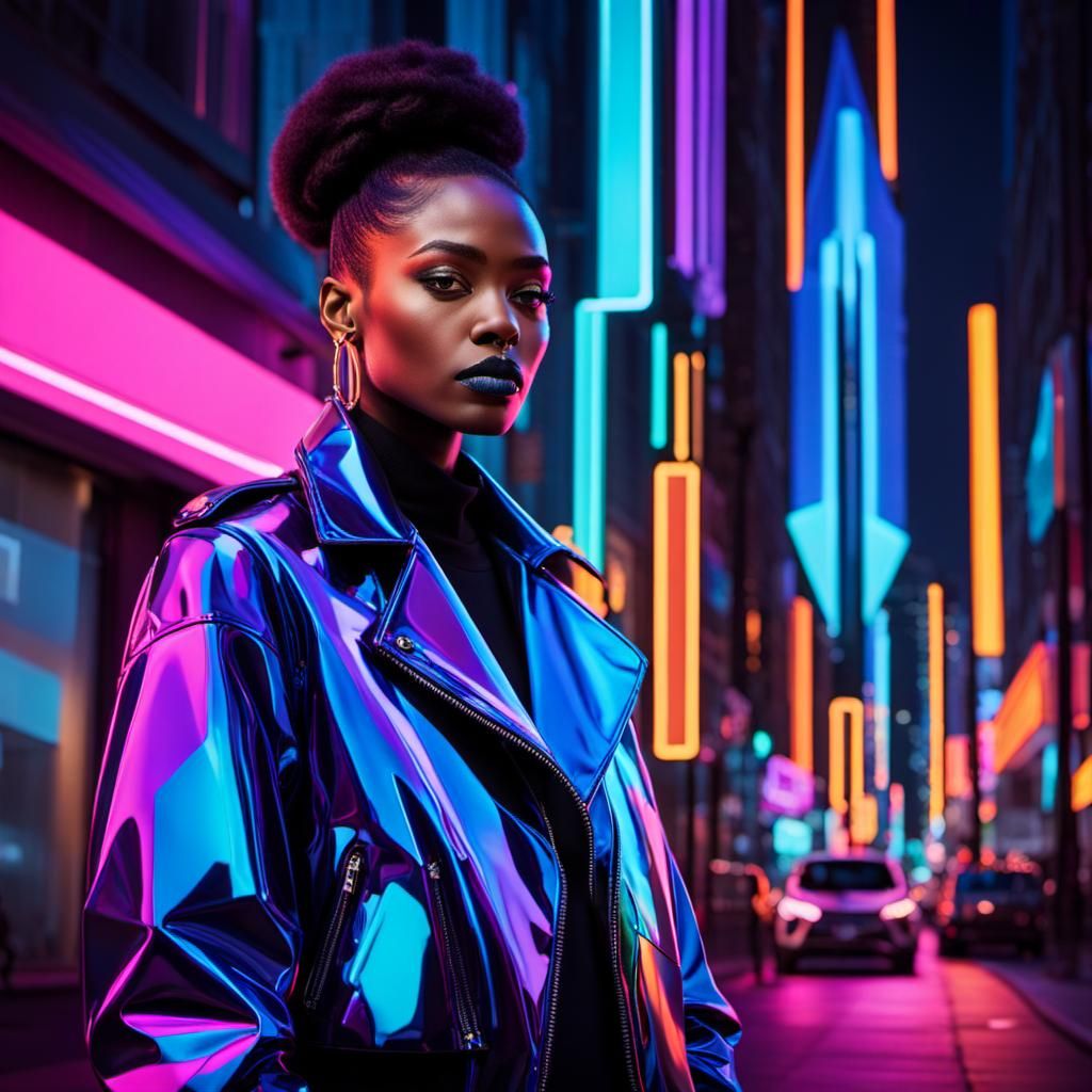 Confident Woman in Urban Neon: 3D Digital Art