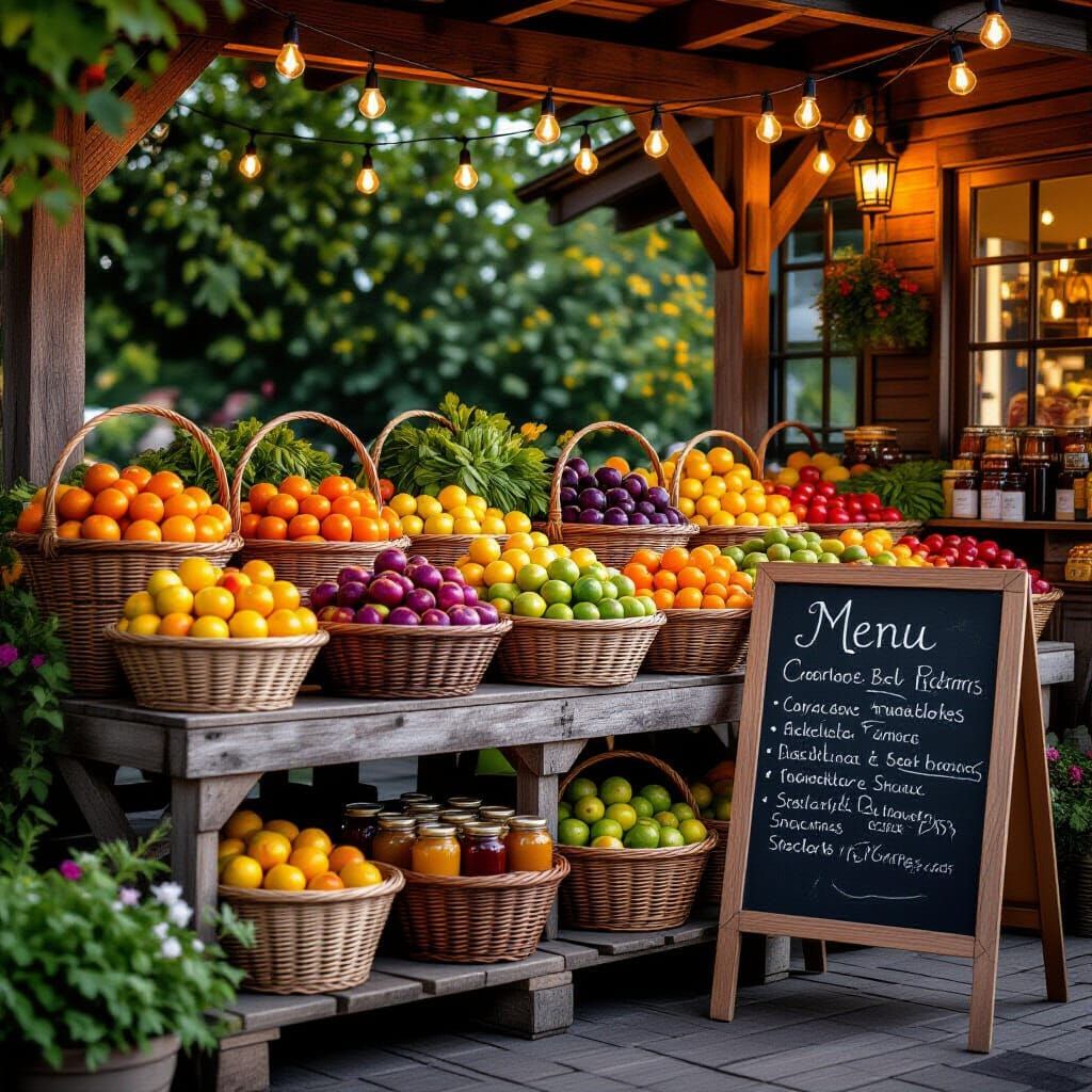Rustic Farm Stand at Dusk in Watercolor Style