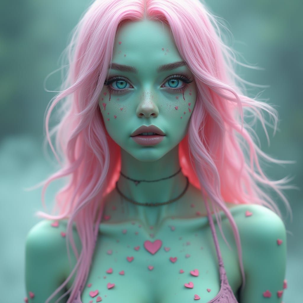 Hyperrealistic Pastel Zombie Woman in Eerie Misty Landscape