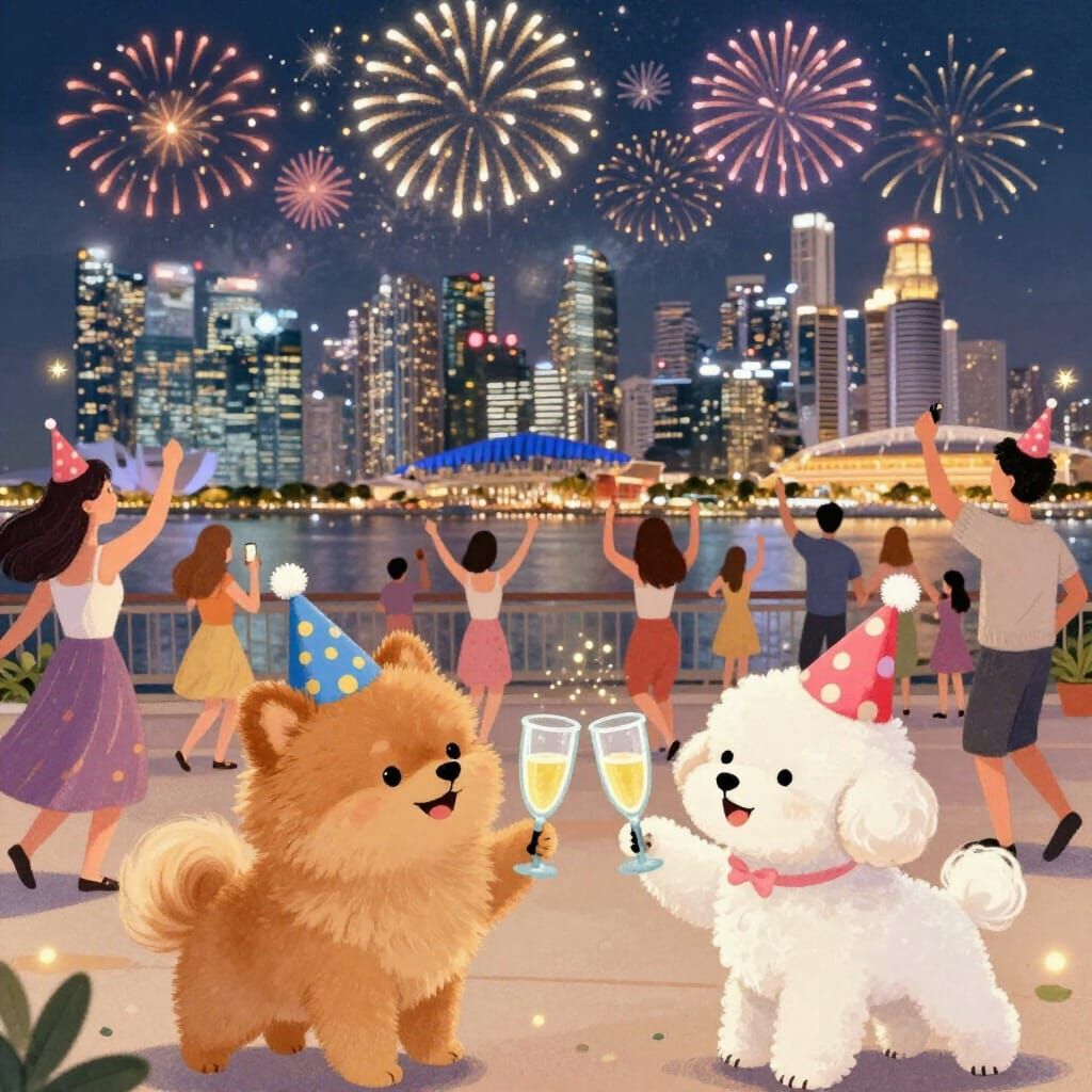 Dogs Toasting New Year's Eve with Fireworks in Singapore