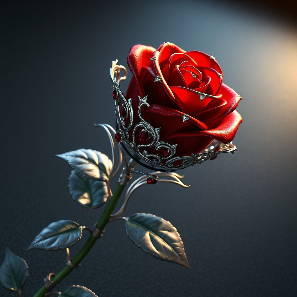Ornate Silver Rose with Ruby Adornments