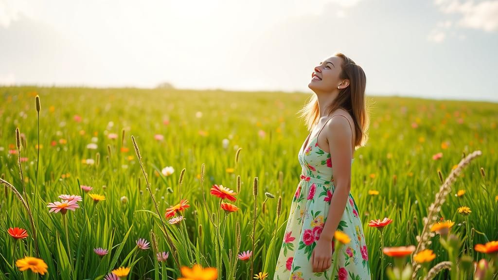 Joyful Woman in Meadow: Whimsical Art